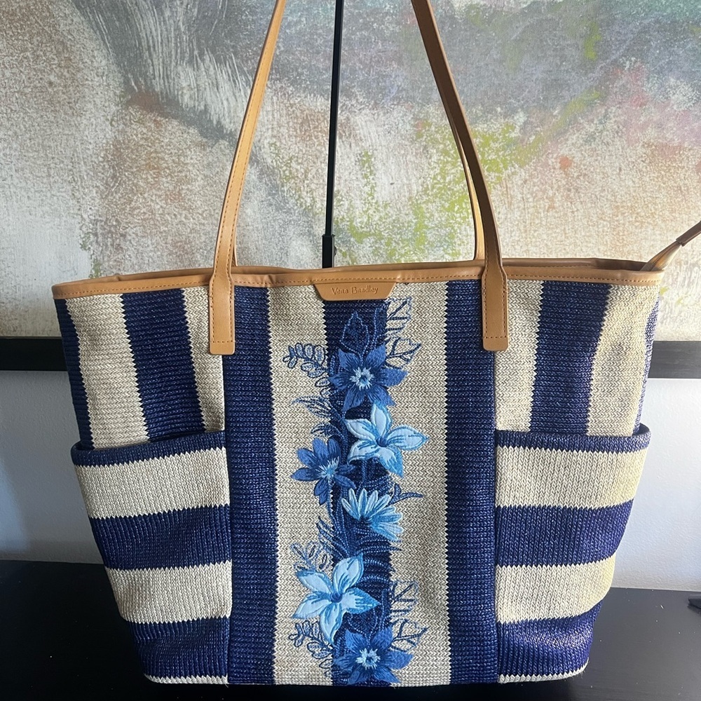 Vera Bradley Navy and Cream Floral-Embroidered Straw Tote with Tan Handles - Picture 1 of 12